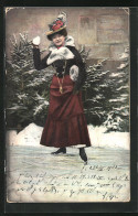 AK Fräulein Auf Schlittschuhen Mit Einem Schneeball - Eiskunstlauf