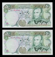 Iran 1974-1979 (Bank Markazi Iran) 50 Rials 2 Banknotes Consecutive Serial Numbers P-101d UNC - Iran