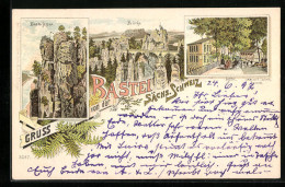 Lithographie Bastei /Sa., Basteifelsen Und Brücke, Hotel Auf Der Bastei - Bastei (sächs. Schweiz)