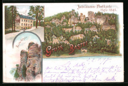 Lithographie Bastei /Sächs. Schweiz, Jubiläums-Postkarte1797-1897, Basteifelsen, Wald-Villa, Panorama - Bastei (sächs. Schweiz)