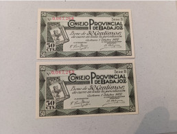 Pareja Correlativa 50 Céntimos Badajoz(Castuera), Año 1937 Guerra Civil, Nº Bajisimo, Sc/plancha - Altri & Non Classificati