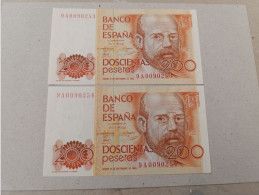 Pareja Correlativa 200 Pesetas 1980 Serie Especial 9A0090253/4, Numero Bajisimo, UNC - [ 4] 1975-… : Juan Carlos I