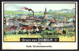 Lithographie Döbeln, Stadtansicht, Spendenaufruf Des Kath. Kirchenbauvereins - Doebeln