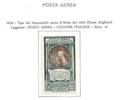 1932 COLONIE ITALIANE, Dante Alighieri 100 Lire, Posta Aerea N. 14 MNH** - General Issues