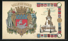 Präge-AK Ville De Paris, Statue De La Republique, Wappen - Genealogia