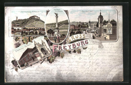 Lithographie Freyburg / Unstrut, Sektkellerei, Erinnerungs-Turnhalle, Kriegerdenkmal, Jahnhaus Und Schloss - Freyburg A. D. Unstrut