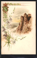 Lithographie Bastei /Sächs. Schweiz, Ortsansicht Mit Strasse, Glockenblumen, Wappen - Bastei (sächs. Schweiz)