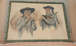 1953 Aquarelle Bretons Joueurs De Biniou Et Bombarde Par Zaldy G. Beurier - Acquarelli