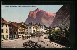 AK Grindelwald, Strassenpartie Am Bahnhofplatz Mit Blick Zum Wetterhorn - Grindelwald