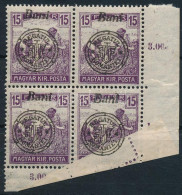 ** Nagyvárad 1919 Arató 15f ívsarki 4-es Tömbben ívbehajtás Miatt A Felülnyomás Egy Része A Gumira Került / Mi 32 In Cou - Otros & Sin Clasificación
