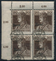 ** Nagyvárad 1919 Károly 20f ívsarki 4-es Tömb Eltolódott Felülnyomással / Mi 46 In Corner Block Of 4 With Shifted Overp - Otros & Sin Clasificación