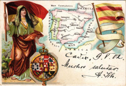 T2/T3 1902 Spanish Map, Coat Of Arms, Flags, Litho - Non Classés