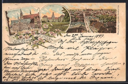 Lithographie Zerbst, Markt Mit Rathaus, Schloss, Strassenpartie Aus Der Vogelschau - Zerbst