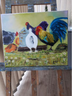 Poules Et Coq à L'abreuvoir /46 X 38 Cm - Oils
