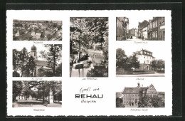 AK Rehau / Ofr., Ev. Kirche, Maxplatz, Bahnhofstrasse, Klinik, Pestalozzi-Schule Und Partie Am Perlenbach - Rehau