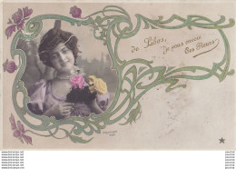 47) DE LIBOS , JE VOUS ENVOIE CES FLEURS - (CARTE FANTAISIE ART NOUVEAU - FEMME AVEC FLEURS - ARJALEW , PHOTO - 2 SCANS) - Libos