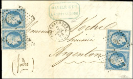 PC 796 / N° 14 Bleu Laiteux, 2 Paires, Belles Marges Càd T 15 CHATEAUROUX (35) 2 JUIL. 54 Sur Lettre 3 Ports Pour Argent - 1853-1860 Napoléon III