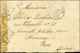 GC 26 / N° 28 (bande De 5 Coupé Vertical) Càd T 17 AILLANT-S-THOLON 21 SEPT. 71 Sur Lettre Pour Paris. Combinaison Uniqu - 1863-1870 Napoléon III Con Laureles