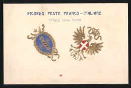 Präge-AK Roma, Ricordo Feste Franco-Italiane 1904, Wappen Königreich Italien - Genealogia