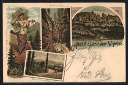 Lithographie Bastei, Schwedenlöcher, Blick N. D. Lilienstein - Bastei (sächs. Schweiz)