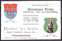 AK Rixdorf Bei Berlin, Buch- U. Papierhandlung H. Protz, Kaiser-Friedrich-Str. 211, Wappen Coburg-Gotha U. Montenegro - Libraries