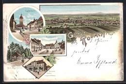 Lithographie Rodach I. Thür., Gasthof Jägerhaus, Kupferthurm, Marktplatz - Bad Rodach
