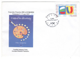 PAINT PALETTE, STARS, EUROPE'S ANNIVERSARY,  TIMISOARA PMK,  EU ACCESSION STAMP ON  COVER, 2007, ROMANIA - Briefe U. Dokumente
