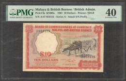 Malaya & British Borneo 10 Dollars Buffalo Small S/N Prefix P-9a 1961 PMG 40 EF - Malesia