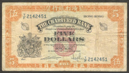 Chartered Bank Hong Kong 5 Dollars P-69 1967 VF No Tear No Hole - Hong Kong