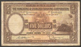 Hong Kong Shanghai Corp 5 Dollars P-180a 1954 VF No Tear Crisp - Hong Kong
