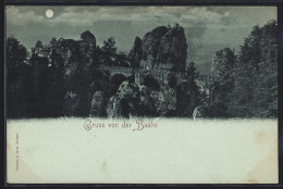 Mondschein-AK Bastei / Sächs. Schweiz, Felsen Und Eisenbahnviadukt - Bastei (sächs. Schweiz)