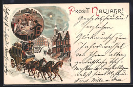 Lithographie Männer Beim Kartenspiel, Postkutsche Fährt In Die Stadt, Neujahrskarte - Playing Cards