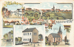 Massenheim (HE) Litho Mehrfachansicht Obergasse Schule Kirche Brunnen Druckerei H.J. Merten Hochheim Am Main - Hochheim A. Main