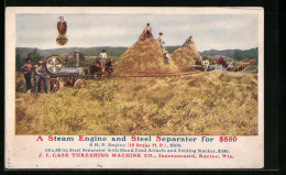AK Steam Engine And Steel Separator, J. I. Case Threshing Machine Co., Arbeiter Mit Erntemaschine Auf Dem Feld - Trucks, Vans &  Lorries
