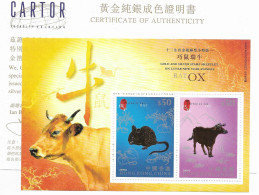 Hong Kong Mnh ** Year Of The Rat To Ox Gold Embossed Sheet With Certificate 2009 50 Euros - Blocks & Sheetlets