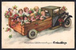 Künstler-AK Hannes Petersen: Kinder Mit Blumen Im Offenen LKW, Namenstagsgruss - Trucks, Vans &  Lorries