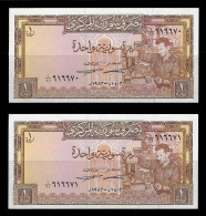Syria 1982 Central Bank Of Syria 1 Syrian Pound 2 Consecutive Banknotes P-93e VF & UNC - Syrie