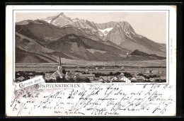 Vorläufer-Lithographie Partenkirchen, 1894, Teilansicht Mit Zugspitze - Zugspitze