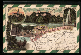 Lithographie Ballenstedt / Harz, Schloss Von Der Westseite, Burg Falkenstein Im Dämmerungslicht, Schlosspark Mit Font - Ballenstedt