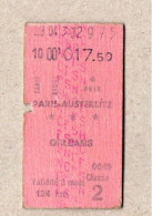 A04] Frankreich - Pappfahrkarte - Paris Austerlitz - Orleans - Europe