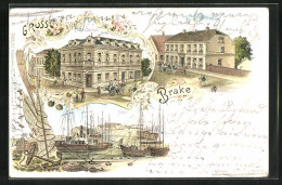 Lithographie Brake, Hafen, Fritz V. Dürings Hotel, Rathaus - Brake