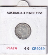 CR4059 MONEDA AUSTRALIA 3 PENDE 1951 PLATA - Autres – Océanie