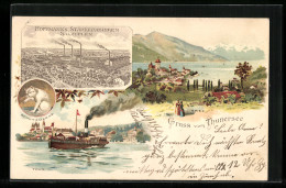 Lithographie Thun, Gruss Vom Thuner See, Spiez, Seepartie Mit Blick Auf Die Stadt - Spiez