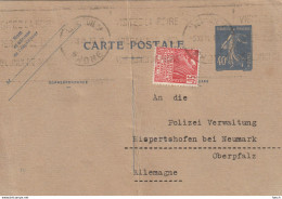 4898 281 France Entier Postale Type Semeuse Carte Postale 237-CP1 (113)Deutsche Konsul Nach Eispershofen  Pli Milieu - Cartes Précurseurs