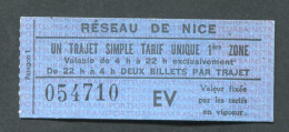 Ticket Billet De Bus (ou Tramway) "Réseau De Nice - Trajet Simple" Alpes Maritimes - Europe