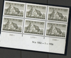 FINLAND - 1956 - LAMMI CHURCH 30M GREEN DATED BLOCK OF 6 MINT NEVER HINGED SG CAT £10.20 - Ongebruikt