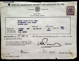 INDIA 1946, ORIENTAL GOVT. SECURITY LIFE ASSURANCE CO.  POLICY DOCUMENT, SIGNED MY MANAGER & BR SECRETARY. - Other & Unclassified