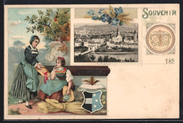 Lithographie Aarau, Teilansicht, Frauen In Trachten U. Wappen, Reklame Für Suchard-Kakao - Aarau