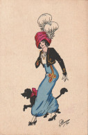 BAC25 -    ILLUSTRATEUR PLUME  JOLIE FEMME  CHAPEAU A PLUMES  ET SON CHIEN CANICHE CPA  CIRCULEE - Bottaro