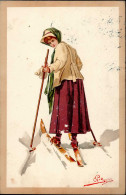 Pellegrini Frau Auf Ski I-II (Stempelspur) - Artisanat